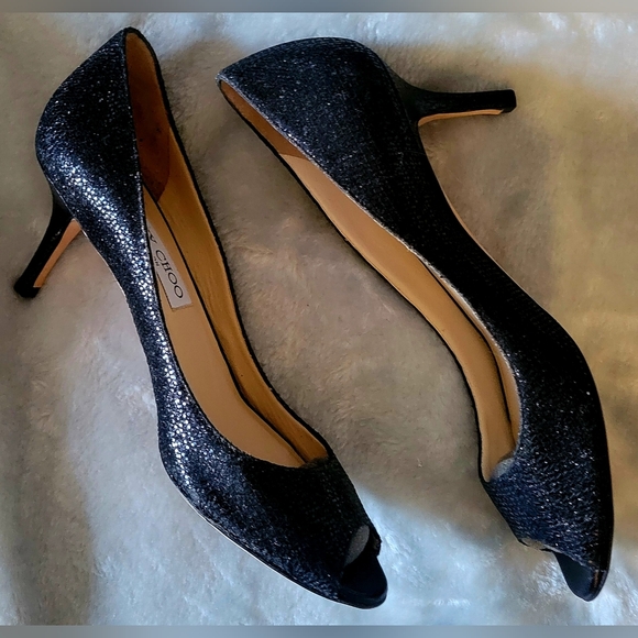 Jimmy Choo Black Sparkle Peep-Toe Heels - Picture 3 of 7